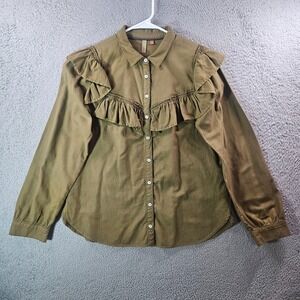 Pilcro Anthropologie Shirt Top Women Large Button Ruffle Long Sleeve Olive Green